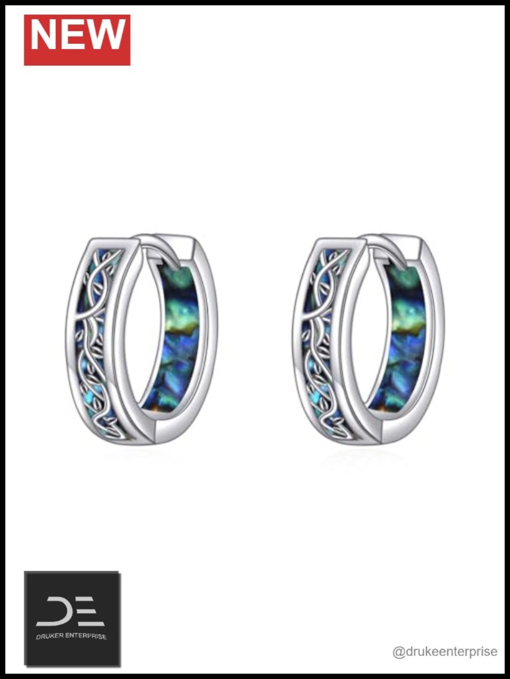 Tree of Life 925 Sterling Silver Abalone Shell Huggie Hoop Earrings
